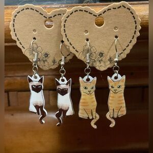 Siamese and Tabby cat handcrafted/handmade pierced dangle earrings duo/set.